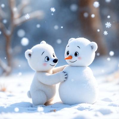 The image features two white snowmen standing in the snow, with one snowman holding the other. The snowmen are positioned close to each other, creating a sense of companionship. The scene is set in a snowy environment, with the snow covering the ground and surrounding the snowmen. The visual style of the image is a combination of photo and digital art, giving it a unique and creative appearance. The dominant colors in the image are white, which is the color of the snowmen and the snow, and blue, which is